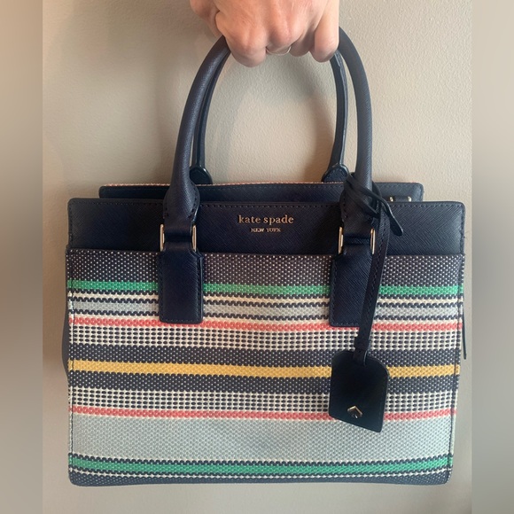 Kate Spade Cameron Boardwalk Stripe Medium Satchel Navy Saffiano Leather - Picture 10 of 11